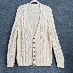 Vintage Handmade Cable Knit Fisherman Sweater Cardigan Mens M Off White Grandpa